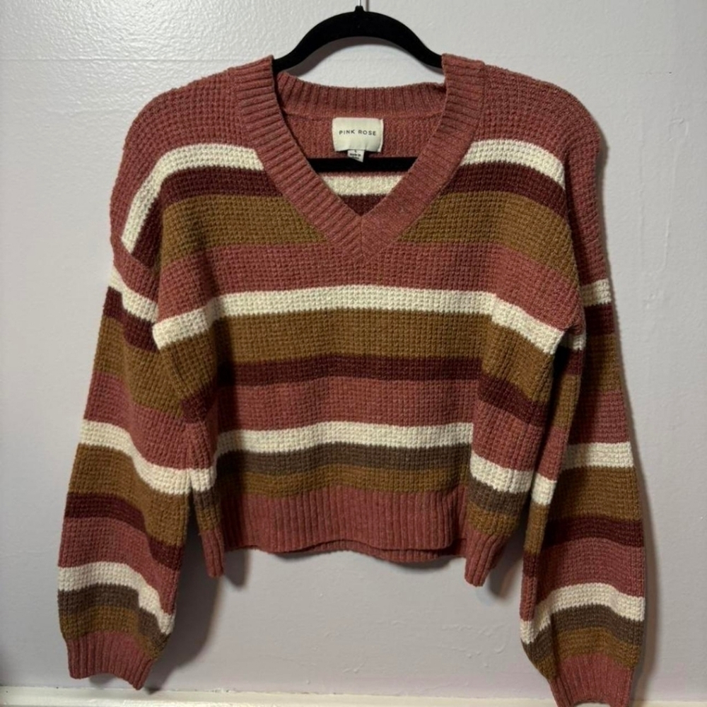 Pink Rose V-Neck Sweater - Pink, Brown, Cream